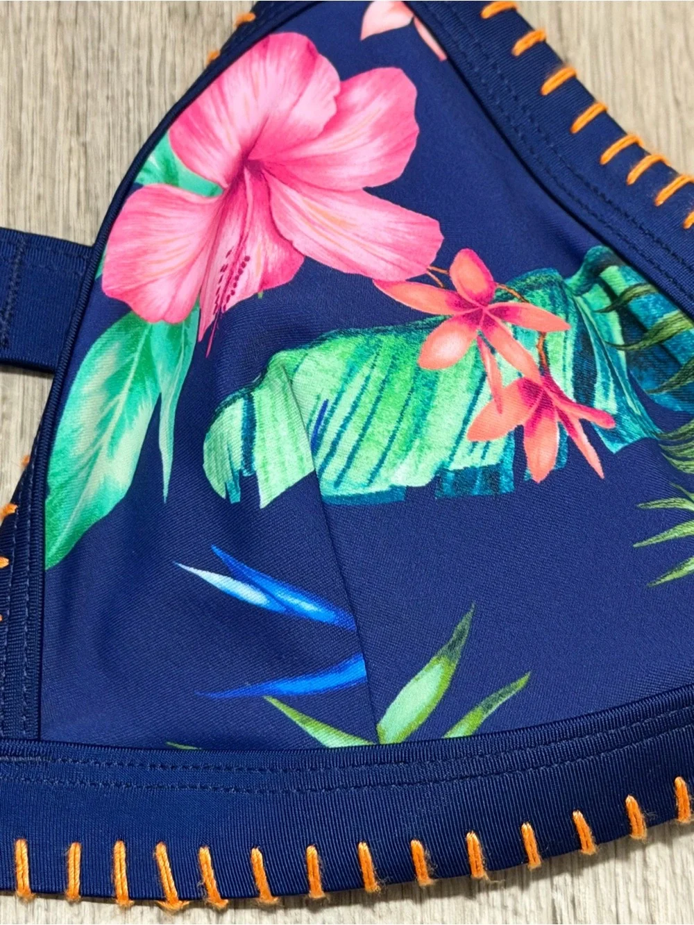 NWT Cupshe Tropical Navy Floral Bikini Set with Orange Stitching